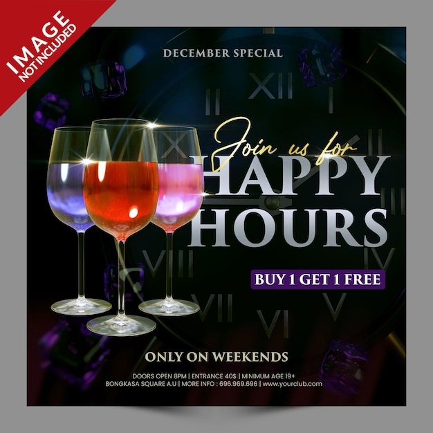 Happy hours for restaurant cafe bar social media post or flyer promotion template