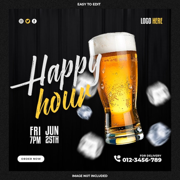 Happy hours for restaurant cafe bar social media post or flyer promotion template