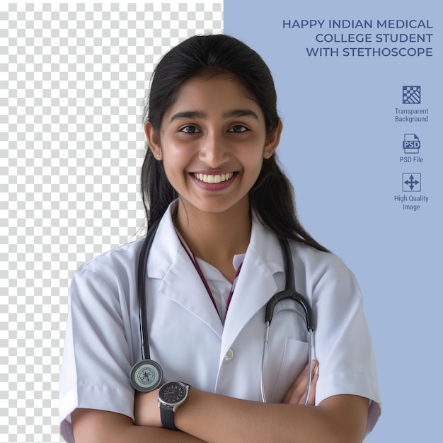 Happy Indian Medical college student with stethoscope isolated on transparent background