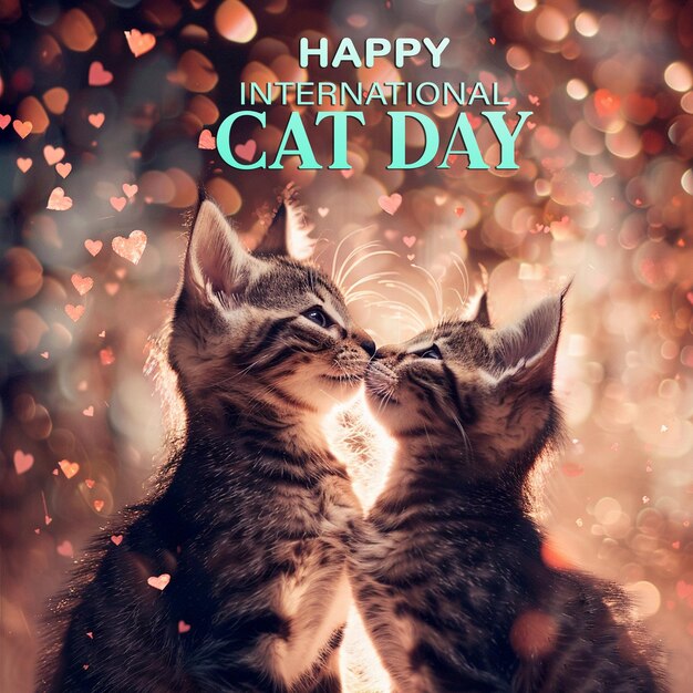 PSD happy international cat day banner design with two cute cat