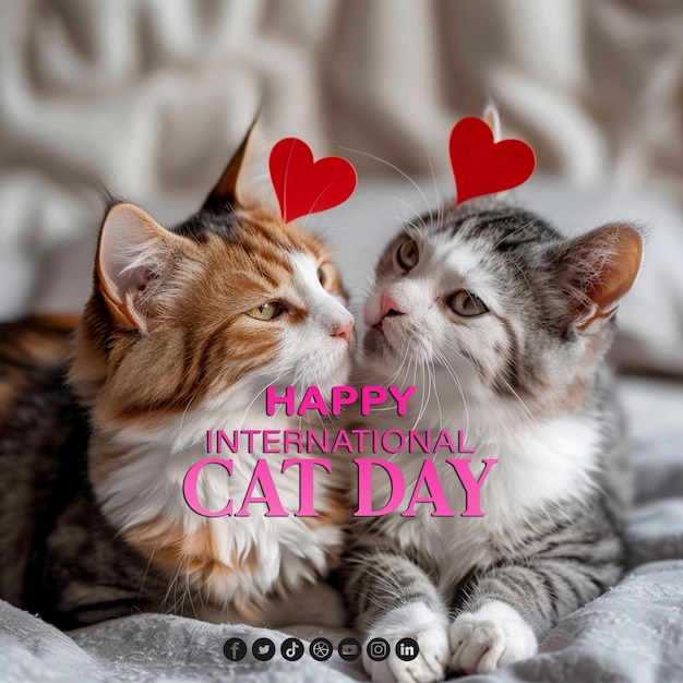 PSD happy international cat day banner design with two cute cat