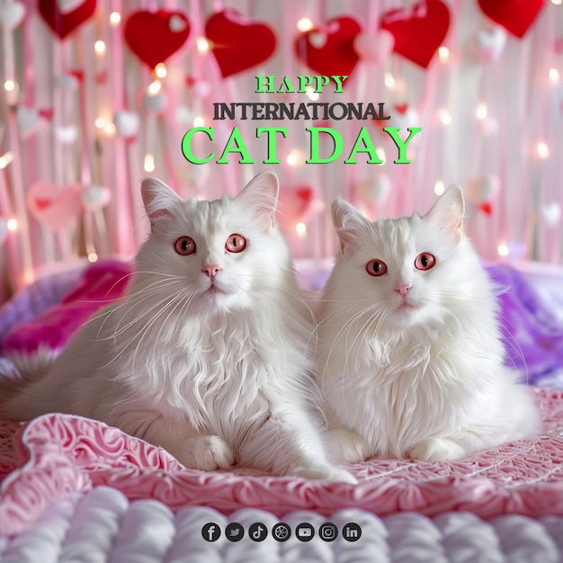 PSD happy international cat day banner design with two cute white cat