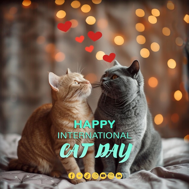 PSD happy international cat day poster design with couple cat