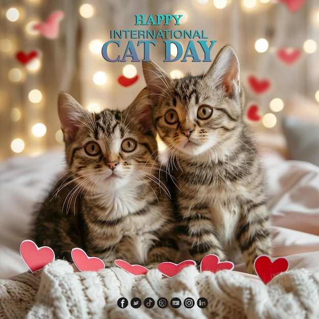 PSD happy international cat day poster design with two cute cat