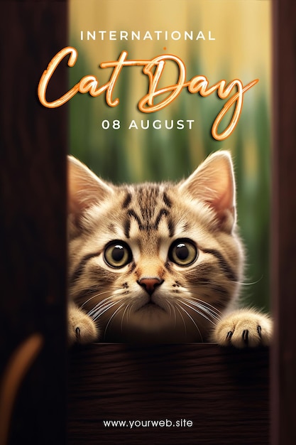 happy international cat day poster with cute cat background