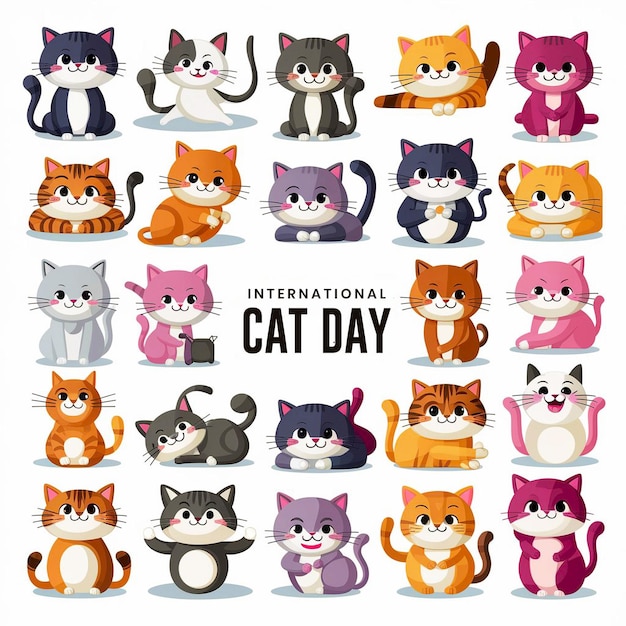 PSD happy international cat day with group of set cats icons background