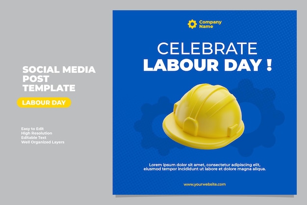 Happy international labour day square social media post template with 3d render illustration