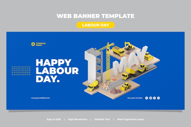 Happy international labour day square web banner template with 3d render illustration