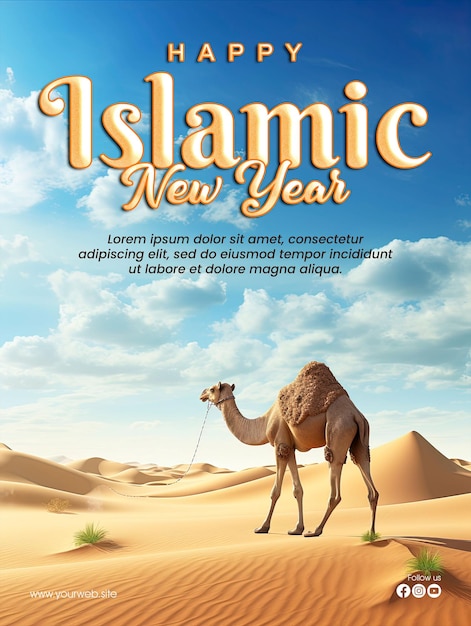 Happy islamic new year greeting poster template design with camel background in desert and mosque