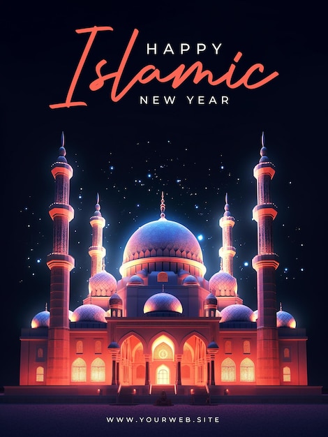 a happy islamic new year greeting poster with mosque and night sky