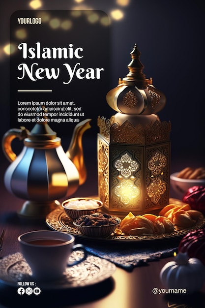 Happy islamic new year poster with lantern and dates background