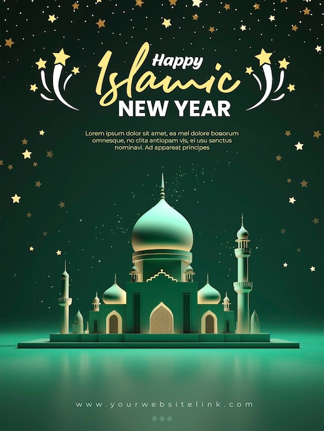 happy islamic new year social media post mosque green background