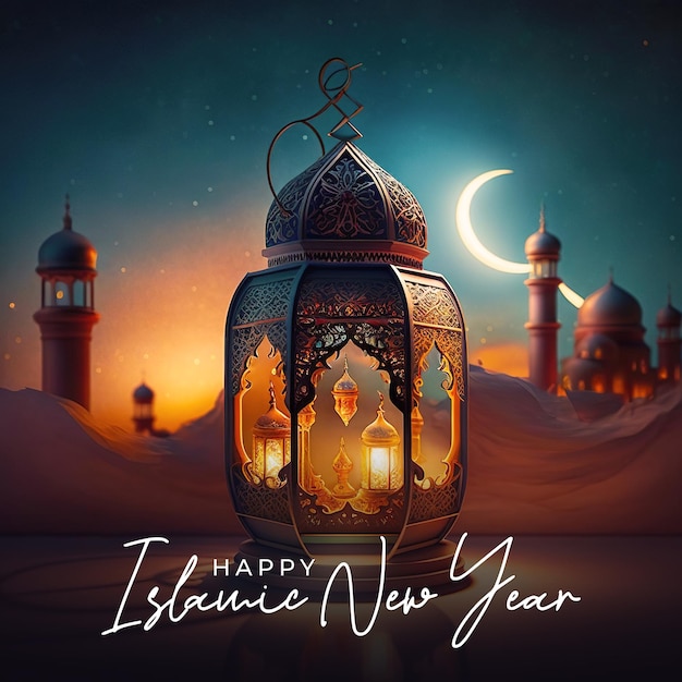 Happy islamic new year social media post with arabic lantern background