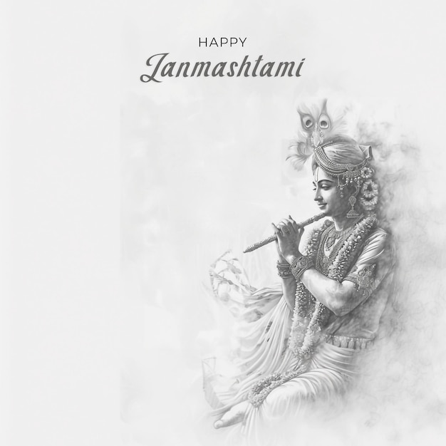 Happy Janmashtami best minimal background design template with little krishna flute peacock feather