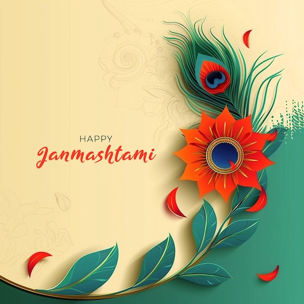 Happy Janmashtami best minimal background design template with little krishna flute peacock feather