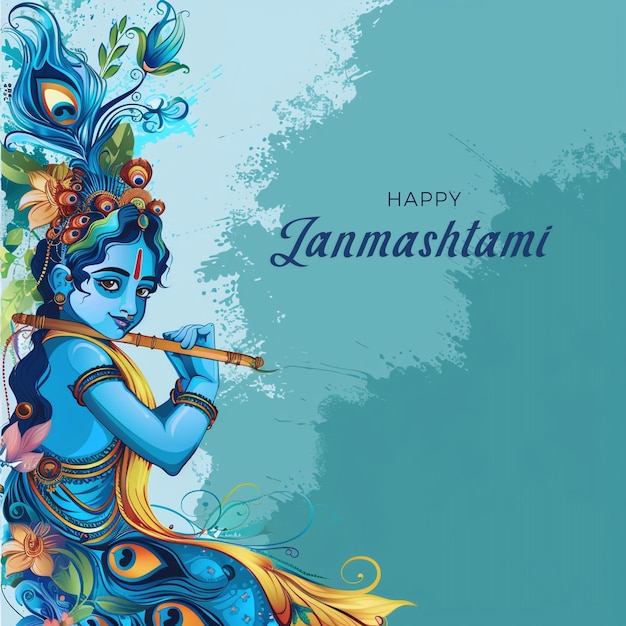 Happy Janmashtami best minimal background design template with little krishna flute peacock feather