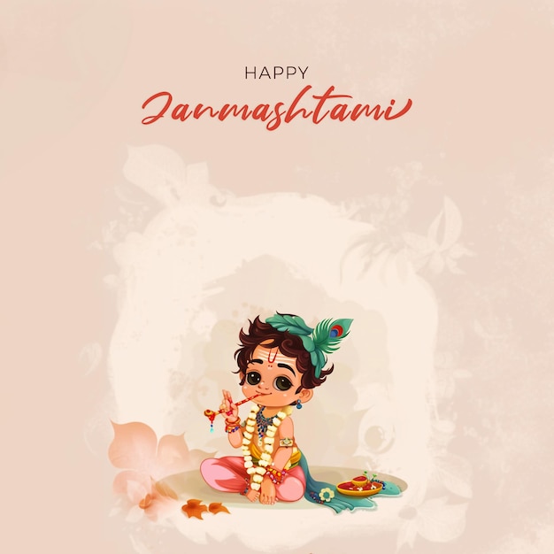 Happy Janmashtami best minimal background design template with little krishna flute peacock feather