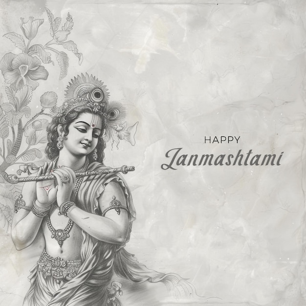 Happy Janmashtami best minimal background design template with little krishna flute peacock feather