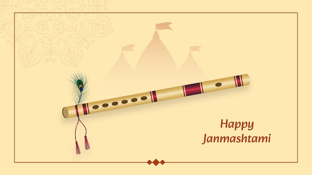 PSD happy janmashtami hindu festival celebration banner with bansuri and temple design