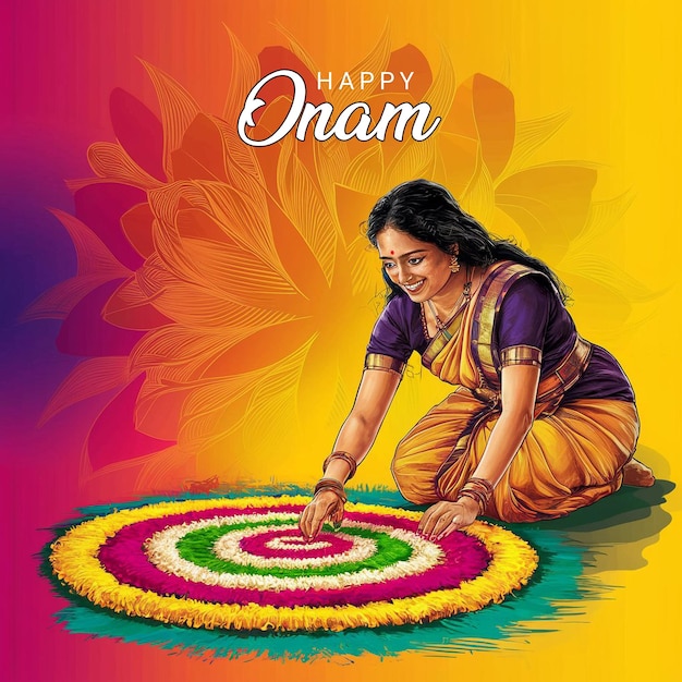 Happy kerala fesival onam greetings malayali girls making pookalam