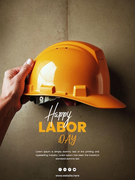 Happy Labor Day Background Template with a hand holding a yellow project helmet