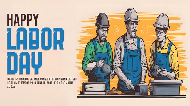 PSD happy labor day banner template with labor background worker and tools