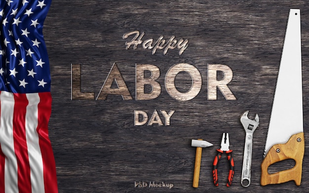 PSD happy labor day mockup psd template with worker tools and american flag