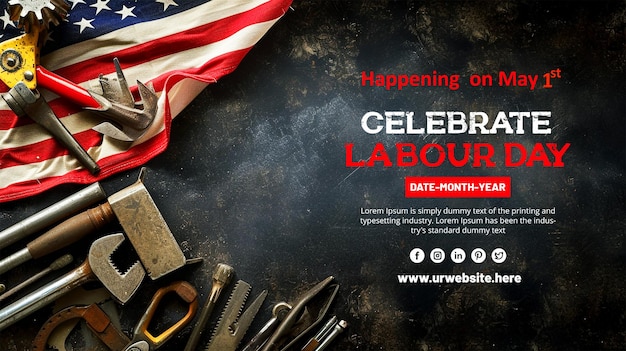 Happy labor day poster with american flag on dark black background with Construction tools