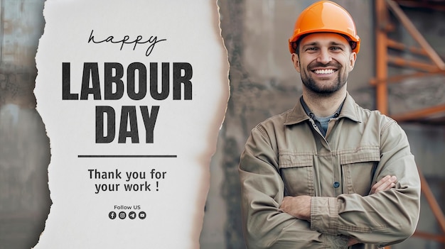 happy labour day banner template with orange helmet and khaki worker uniform smiles