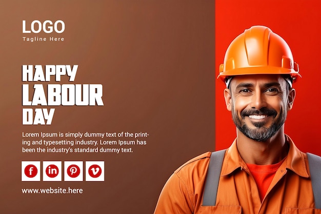 PSD happy labour day social media post template with orange helmet and khaki worker uniform smiles