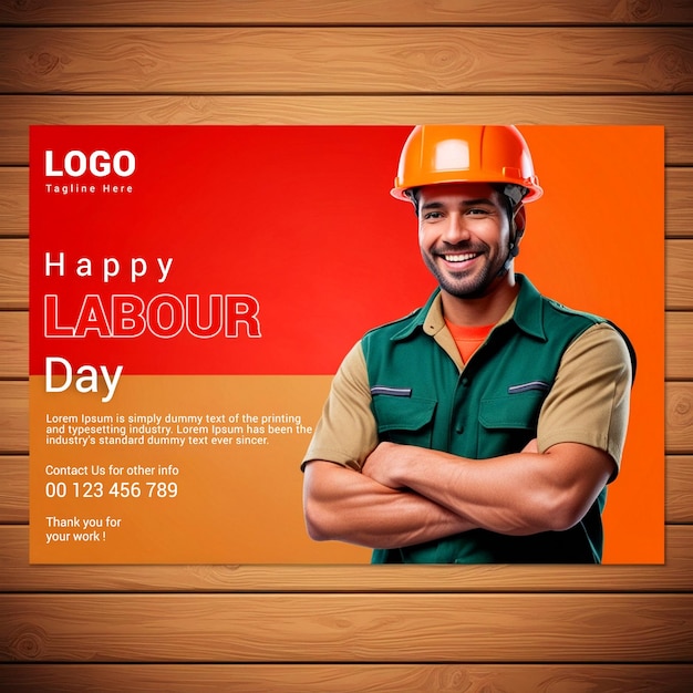 PSD happy labour day social media post with orange helmet and khaki worker uniform smiles