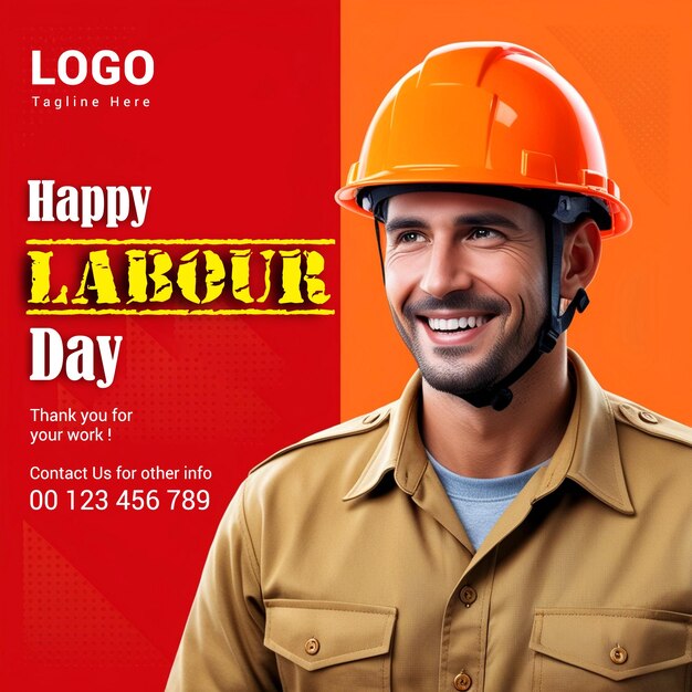 PSD happy labour day social media post with orange helmet and khaki worker uniform smiles