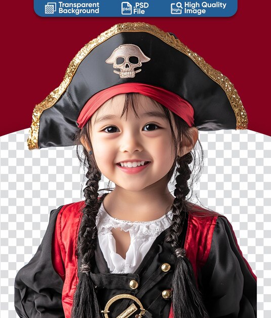 Happy little Asian girl in pirate costume celebrating a very fun Halloween party