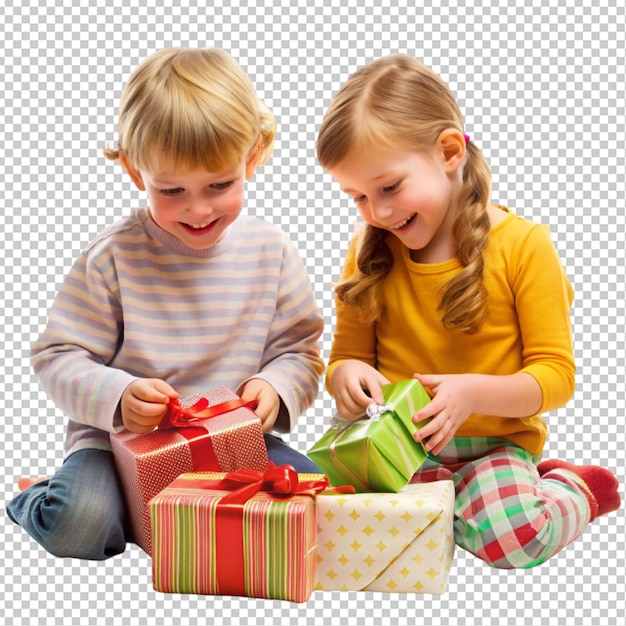 PSD happy little girl and boy unwrapping presents transparent background