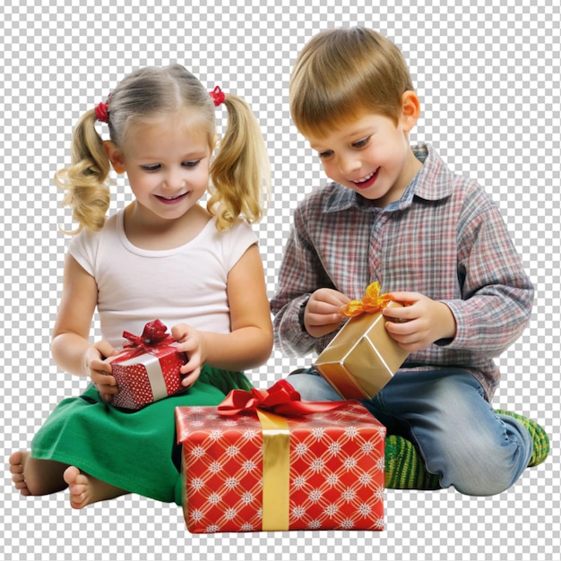 PSD happy little girl and boy unwrapping presents transparent background