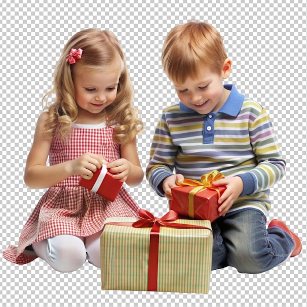 PSD happy little girl and boy unwrapping presents transparent background