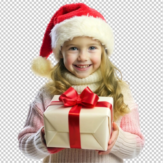 PSD happy little girl with christmas present transparent background