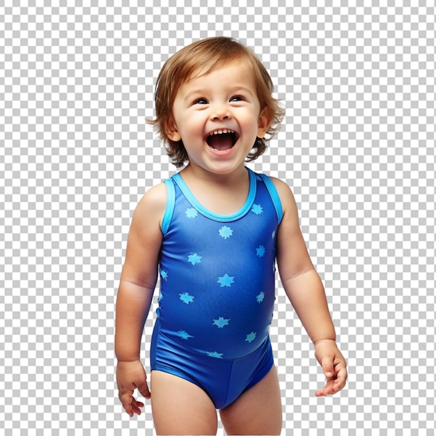 happy little kid in a blue swimsuit