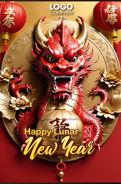 PSD happy lunar new year 2024 the dragon zodiac sign on the color background