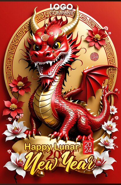 PSD happy lunar new year 2024 the dragon zodiac sign on the color background