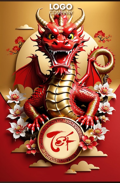 PSD happy lunar new year 2024 the dragon zodiac sign on the color background