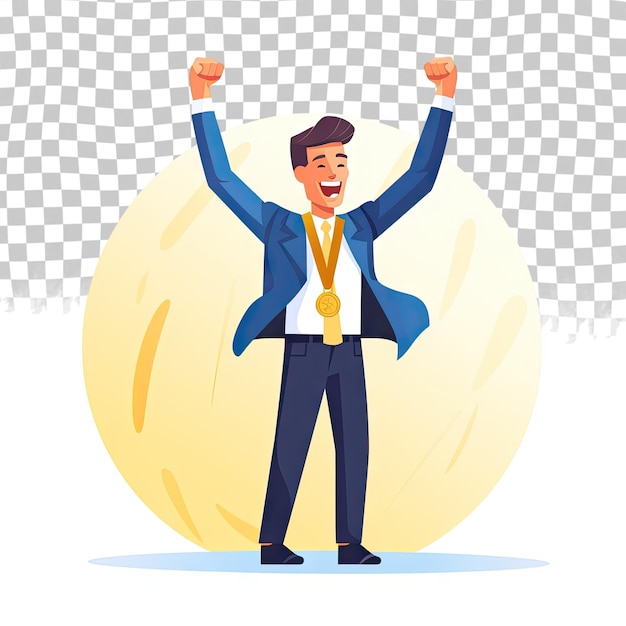 PSD happy man getting the first place gold award flat cartoon vector illustration isolated on transparent background business and personal success and victory