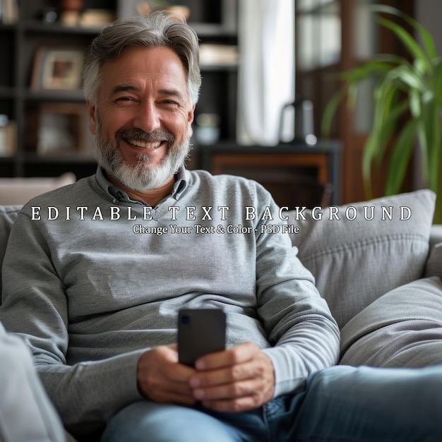 PSD happy man sitting on a couch with his phone