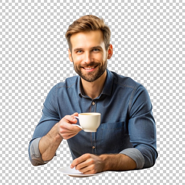 PSD happy man with cup of coffee