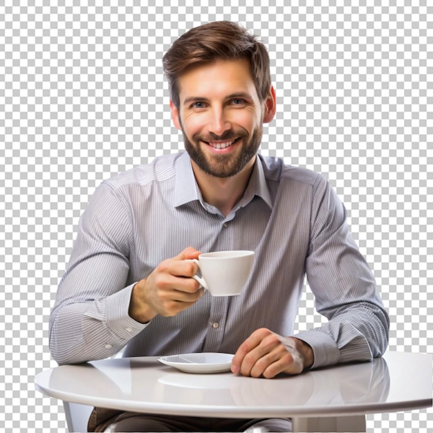 PSD happy man with cup of coffee