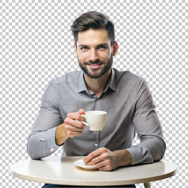 PSD happy man with cup of coffee