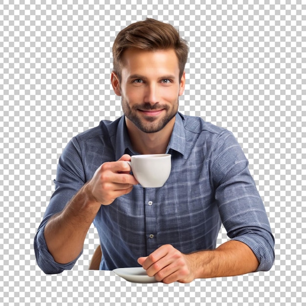 PSD happy man with cup of coffee