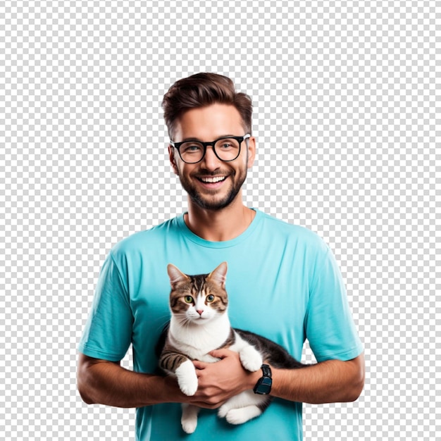 PSD happy man with pet cat isolated on transparent background