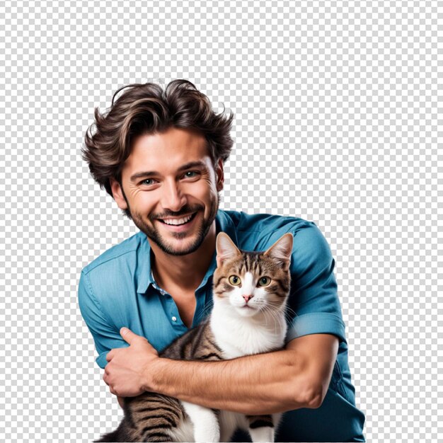 PSD happy man with pet cat isolated on transparent background