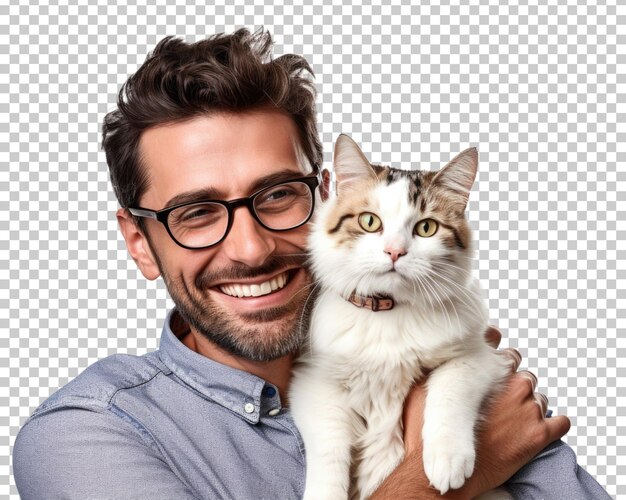 PSD happy man with pet cat isolated on transparent background